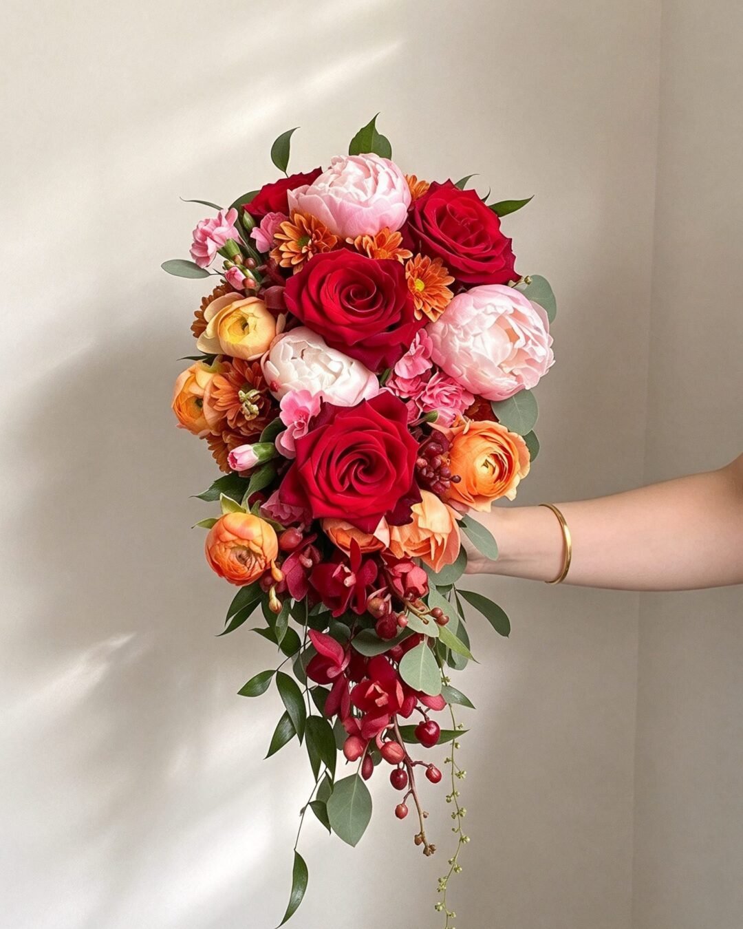 Victoria dramatic · cascading bridal bouquet in crimson, blush, tangerine, ivory and eucalyptus