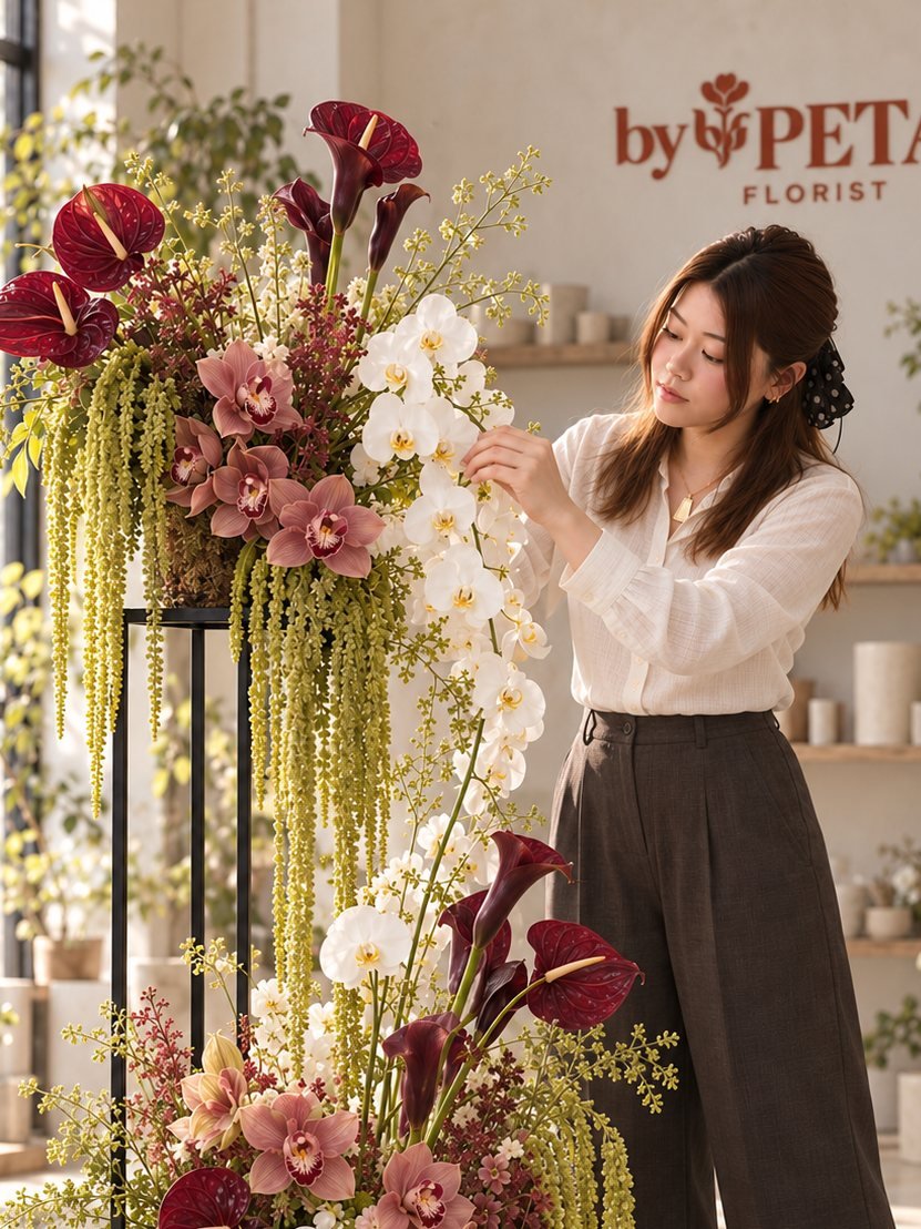 Chloe, founder of ByPetal Florist, arranging white orchids and burgundy anthuriums in the studio
