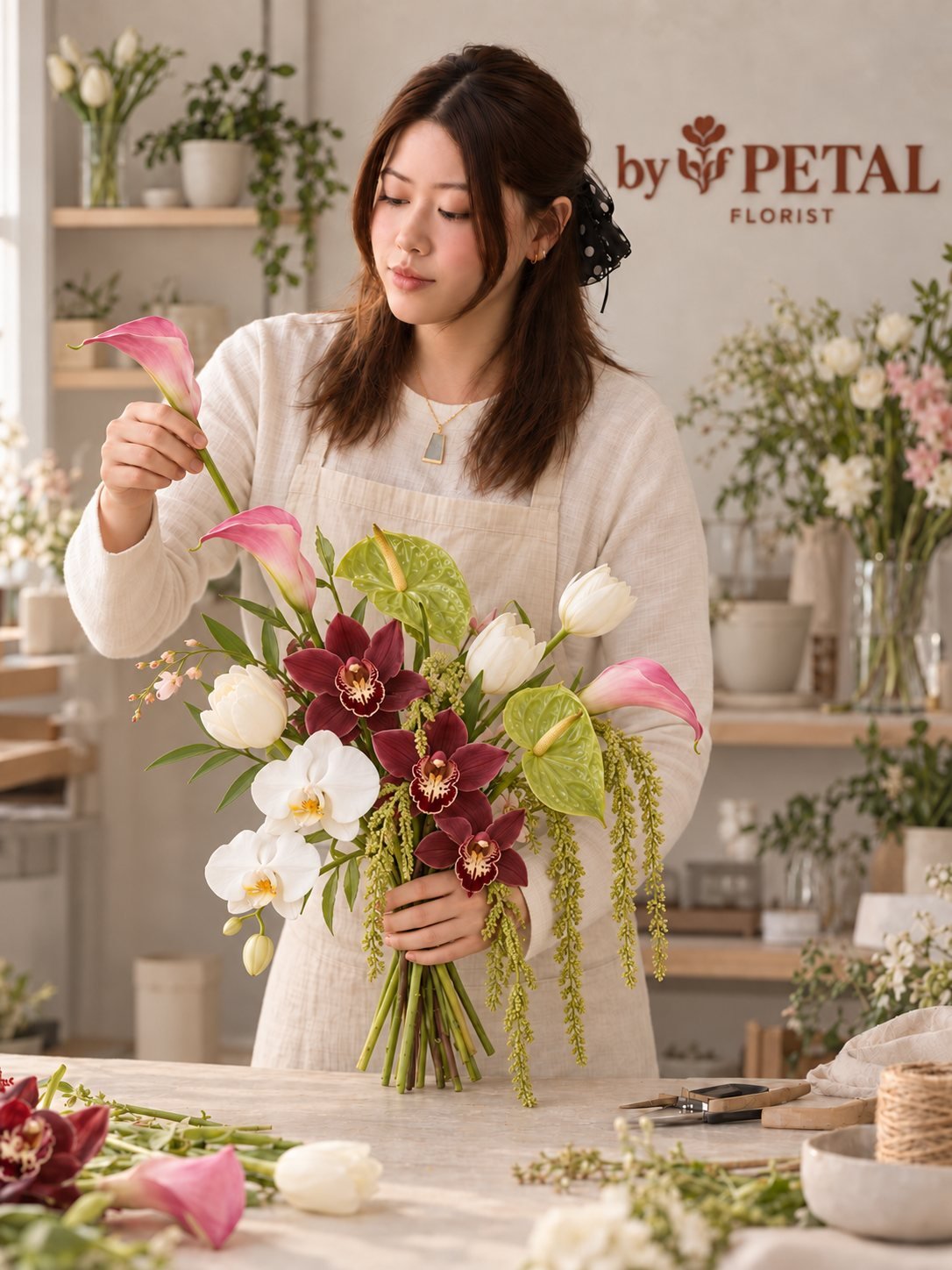 Chloe holding a bridal bouquet of white orchids, burgundy cymbidiums, pink calla lilies and tulips