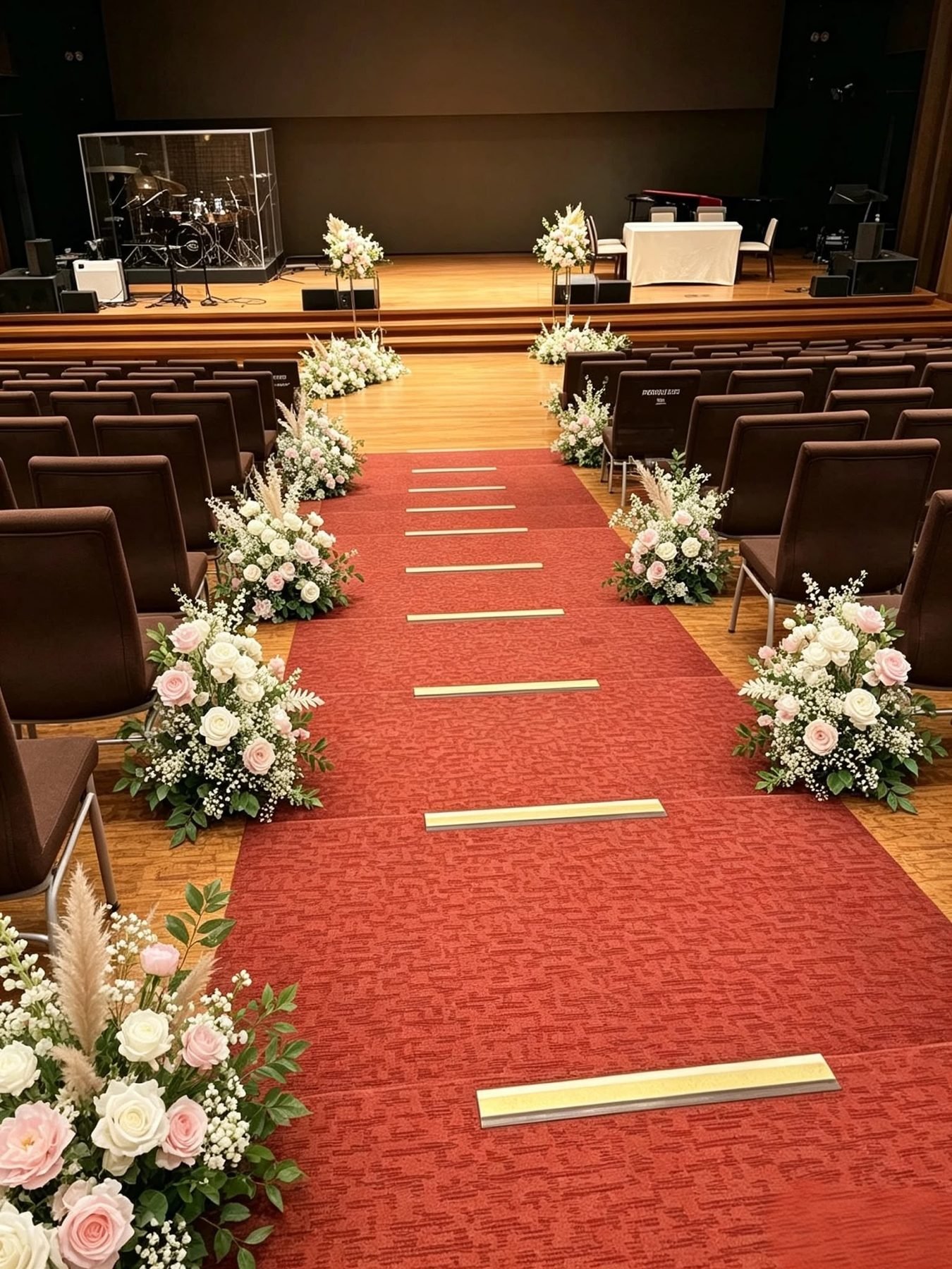 Red-carpeted aisle lined with blush and white floral arrangements leading to the stage