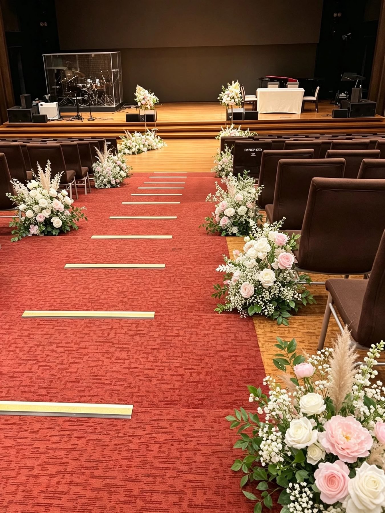Blush and white aisle flowers at Cornerstone Community Church