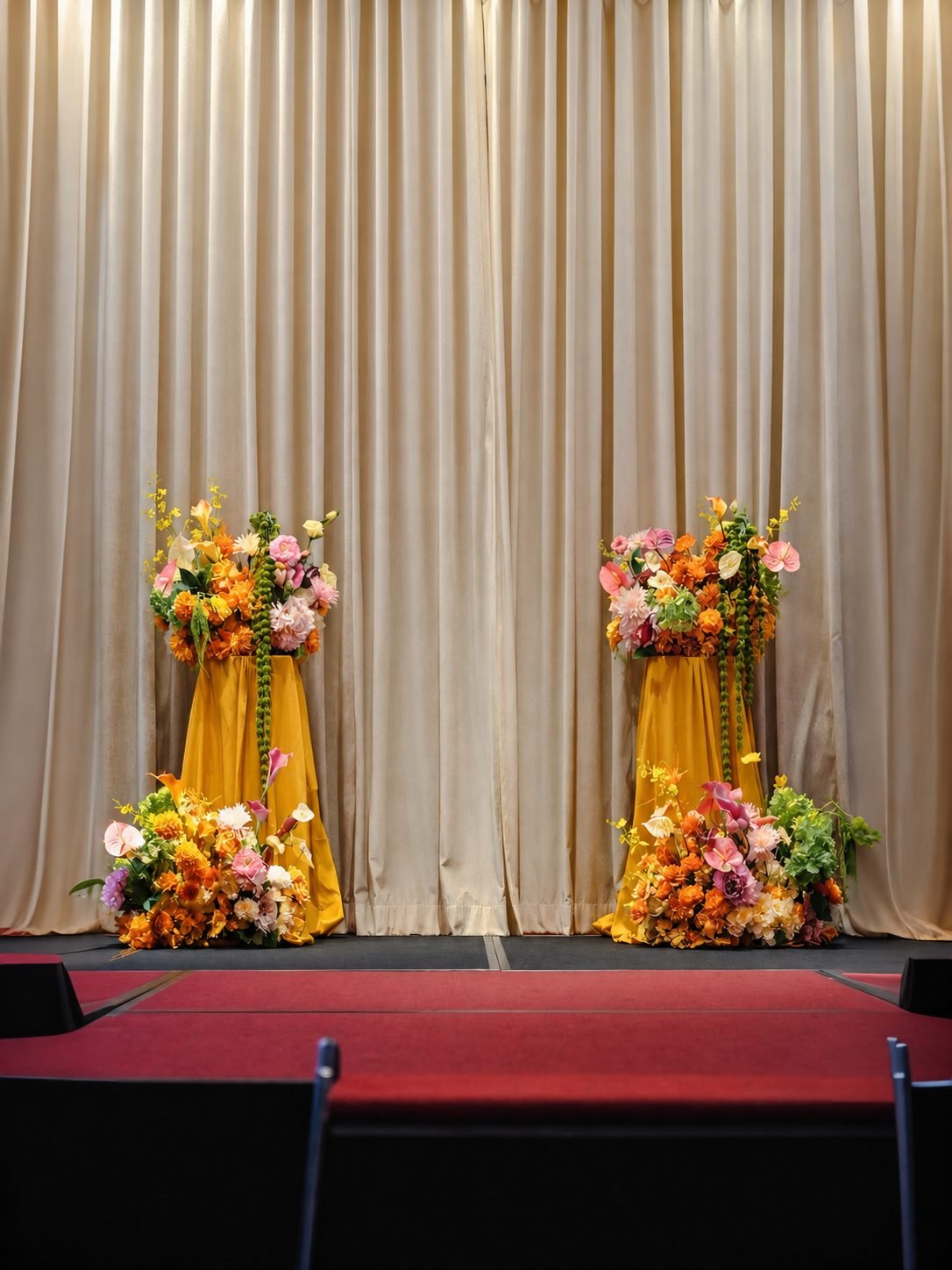 Symmetrical view of two floral-dressed mustard pedestals on a ballroom stage in front of beige curtains