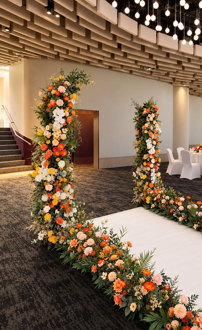 Tall orange, yellow, pink and white floral pillars framing a white aisle runner under a slatted acoustic ceiling