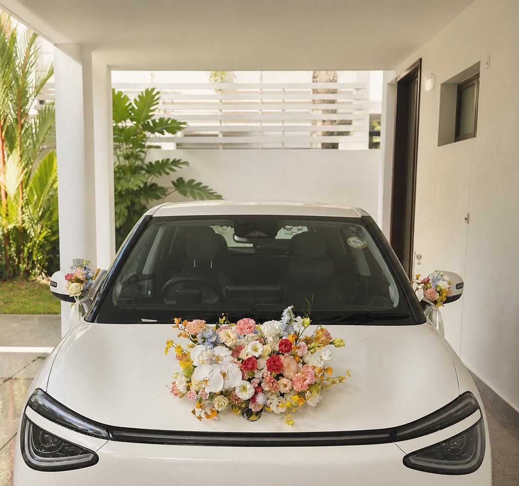 White electric wedding car decorated with a lush pastel bonnet arrangement of orchids, pink, blue, yellow and coral roses, with small matching florals on the side mirrors