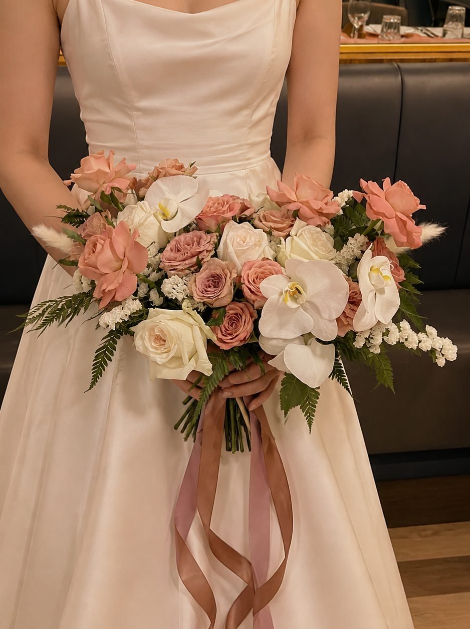 Bridal bouquet of dusty pink, terracotta and white roses with white orchids held in a satin gown