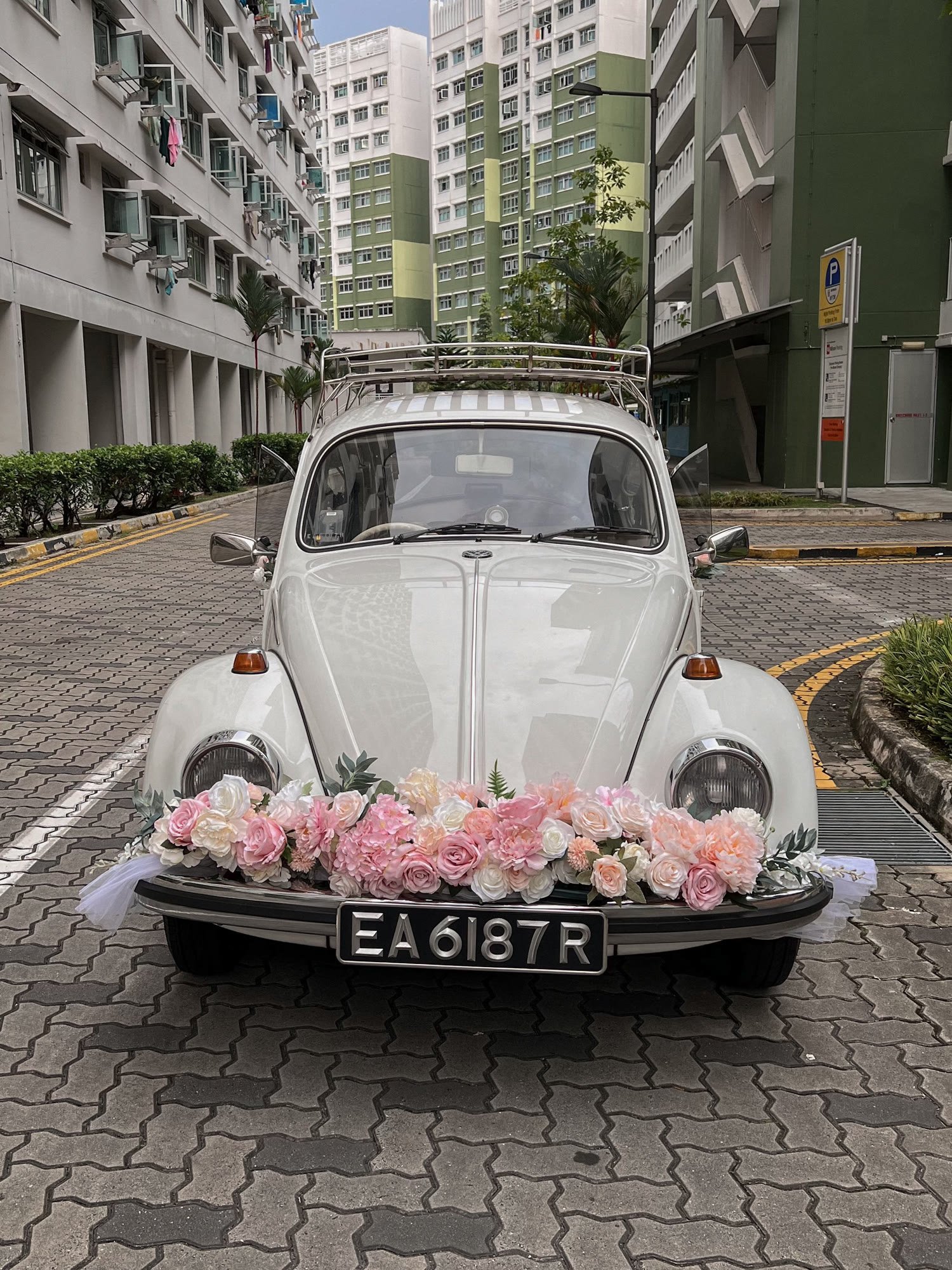 White vintage wedding car carrying blush and ivory roses, from a wedding at Monti at 1-Pavilion