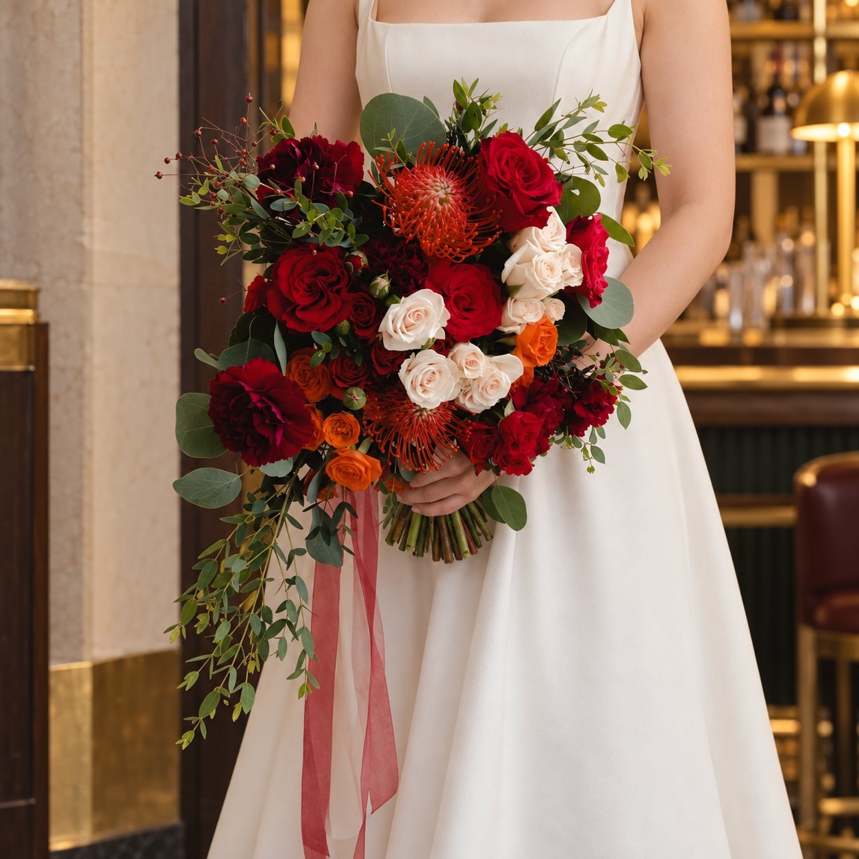 Bride in a white gown holding a red, white and orange cascading bouquet of roses, pincushion protea and eucalyptus ribbons at a warm bar