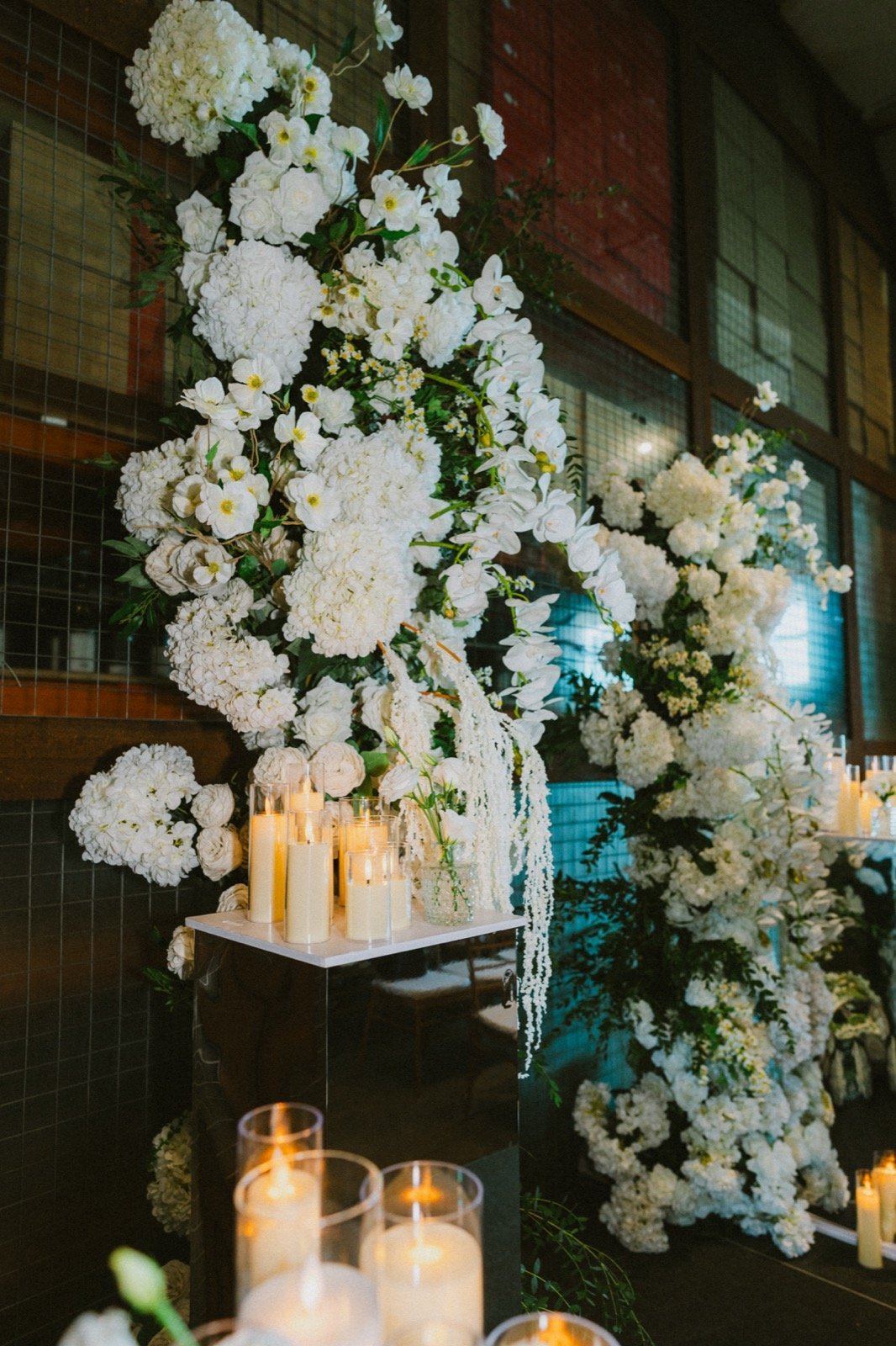 Detail of a white floral installation