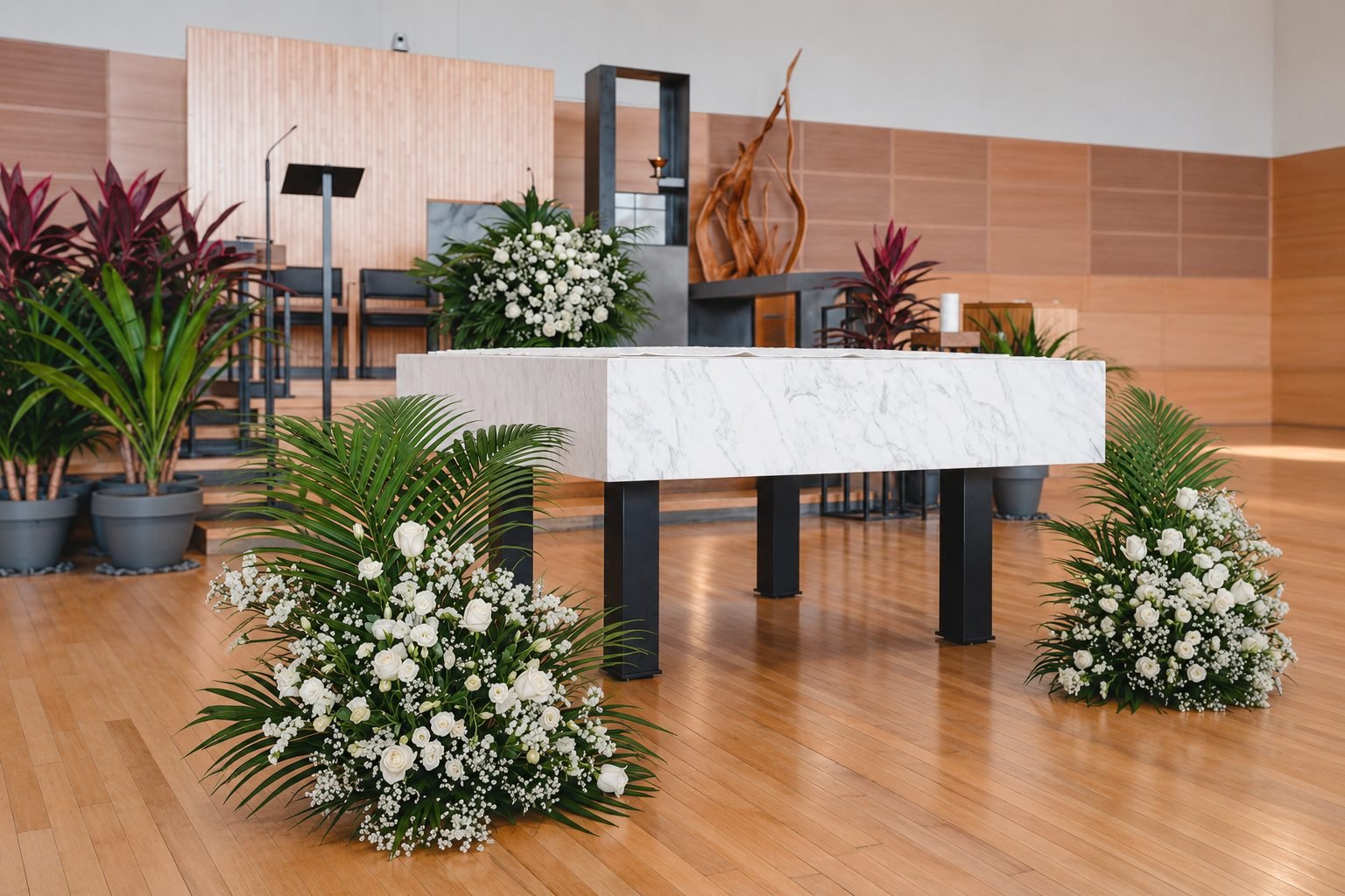 White floral arrangements flanking the marble altar table, viewed across the wooden church floor