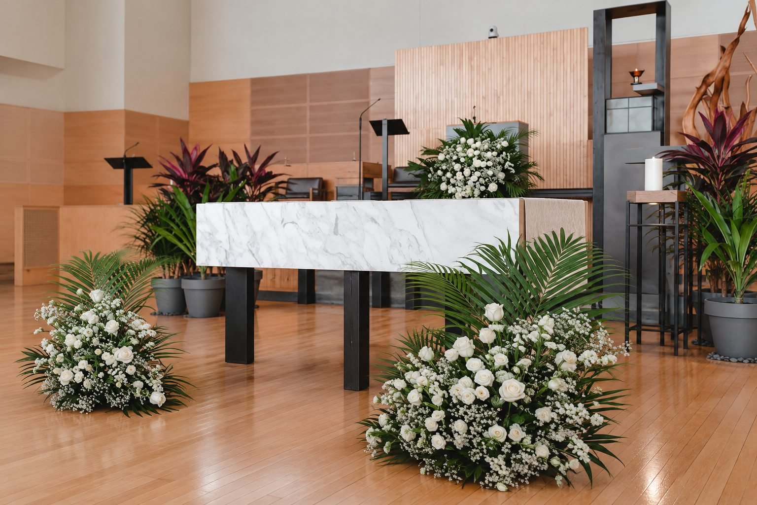Side view of the church ceremony space with white flowers and greenery around the marble altar