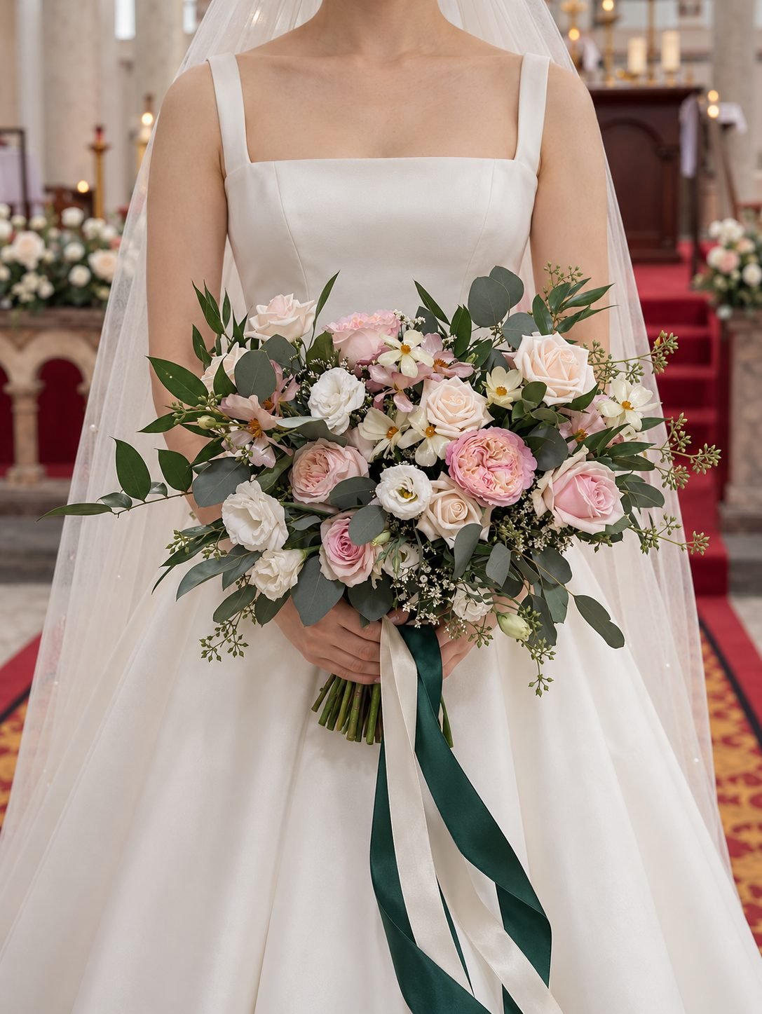 Bride in a white square-neck dress holding a blush, white and green bouquet with dark green ribbon inside the church